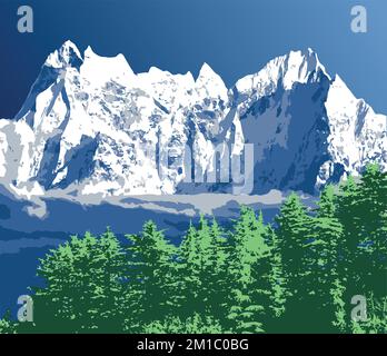 Great Himalayan range with woodland, Himalayas mountains vector illustration, snowcapped white and blue colored mountain Stock Vector