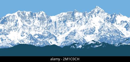 Great Himalayan range, Himalayas mountains vector illustration, snowcapped white and blue colored mountain Stock Vector