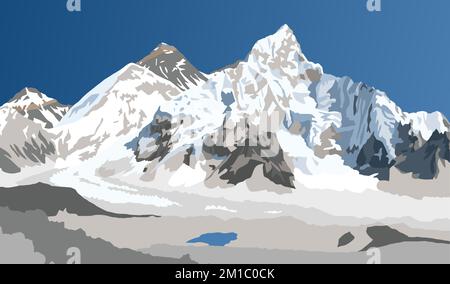 mount Everest and Nuptse from Nepal side as seen from Kala Patthar peak, vector illustration, Mt Everest 8,848 m, Khumbu valley, Sagarmatha national p Stock Vector