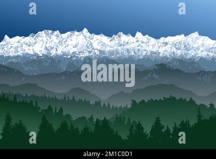 Great Himalayan range with woodland, Himalayas mountains vector illustration, snowcapped white and blue colored mountain Stock Vector