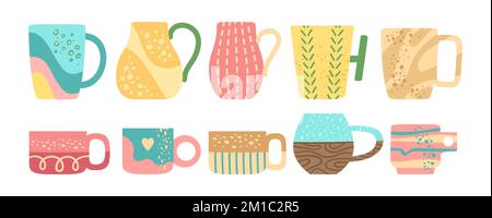 Cup mug trendy different pattern and shapes set. Crafted ceramic tableware scandinavian style. Tea coffee beverages vintage teacup. Porcelain cups mugs stain, textured, stripes spotted ornament vector Stock Vector