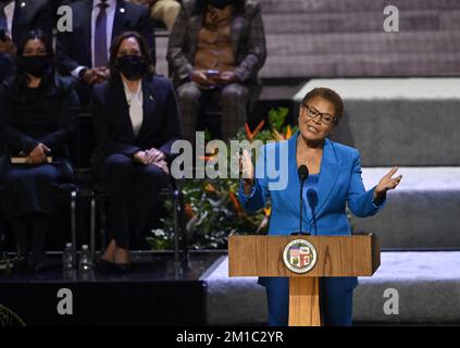 Los Angeles, United States. 11th Dec, 2022. Karen Bass addresses supporters after being sworn in as mayor of Los Angeles by Vice President Kamala Harris, a longtime friend and former California attorney general, at the Microsoft Theater in Los Angeles on Sunday, December 11, 2022. Photo by Jim Ruymen/UPI Credit: UPI/Alamy Live News