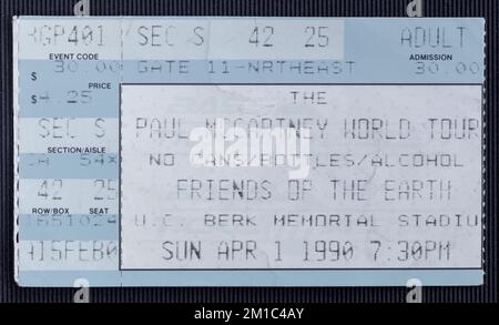 Berkeley, California - April 1, 1990 - Old used ticket for the concert of Paul McCartney at U.C. Berkeley Memorial Stadium Stock Photo