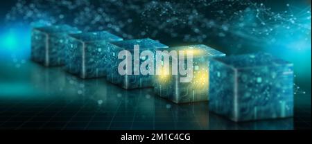 Cube technology on Converging point of circuit with Abstract blue background. Blockchain Network System. Big data storage processing, Cloud data. Stock Photo