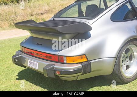 Rear end of a Silver Porsche Turbo 911 (930) Coupe Stock Photo