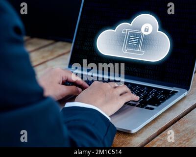 Sovereign cloud technology concept. Laws and regulations with padlock on cloud icons on laptop computer screen. Data security, control and access with Stock Photo