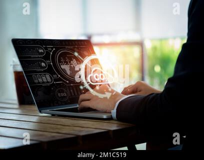 Renewable energy-based green businesses with limit climate change and global warming. Carbon dioxide reduction emission concept. Co2 management icon a Stock Photo
