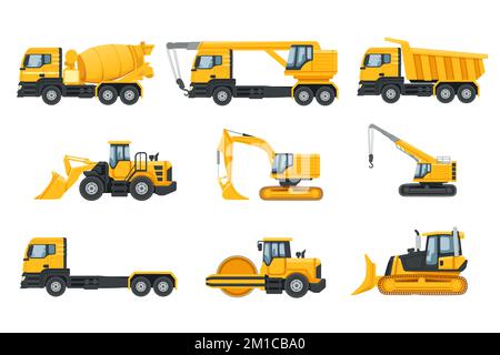 Set of industrial heavy machinery transportation isolated on white background Stock Vector