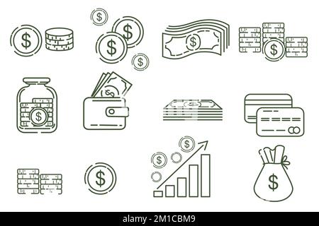 Set of money in different states golden coins paper dollars and credit card vector illustration isolated on white background Stock Vector