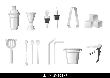 Set of barman tools for mixing and crafting cocktails vector illustration isolated on white background Stock Vector