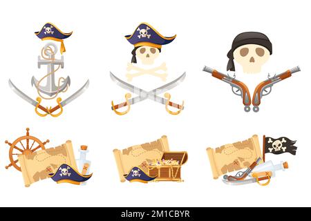 Set of pirate theme with ship skull and weapon vector illustration on white background Stock Vector