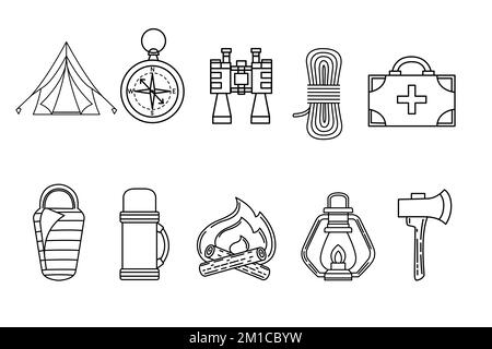 Set of camping equipments icons outline style vector illustration isolated on white background Stock Vector