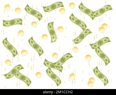 Falling golden coins and dollar banknotes money rain vector illustration on white background Stock Vector