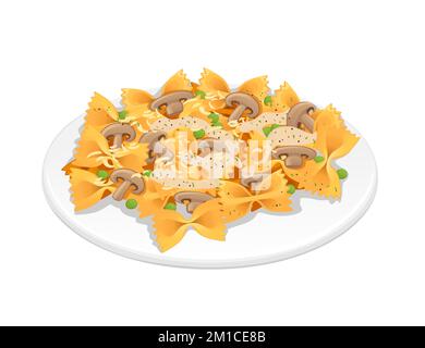 Ready for eat dish italian pasta farfalle cuisine staples with sauce mushroom cheese and peas vector illustration on white background Stock Vector