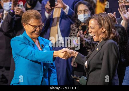 Los Angeles, USA. 11th Dec, 2022. Karen Bass is sworn in as Mayor of Los Angeles by Vice President Kamala Harris on December 11, 2022 at the Microsoft Theater in Los Angeles, California. Credit: Maxim Elramsisy/Alamy Live News