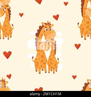 Seamless pattern with cute giraffes. Mom gently hugs baby giraffe on light yellow background with hearts. Vector illustration with animals family for Stock Vector