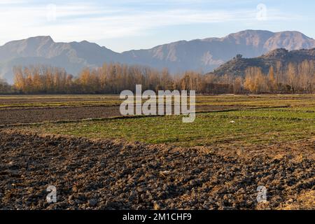 freshly plowed agriculture fields in winter Stock Photo