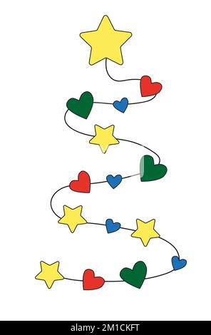 Christmas Tree Abstract Icon. Christmas tree with toys in the form of colorful hearts and stars. Stock Vector