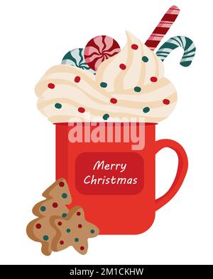 Illustration of red Christmas mug with whipped cream, lollipops, candy cane. Below are gingerbread cookies. Merry Christmas on the cup. Stock Vector