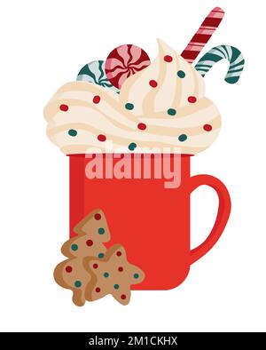 Illustration of red Christmas mug with whipped cream, lollipops, candy cane. Below are gingerbread cookies in the form of Christmas tree and star Stock Vector