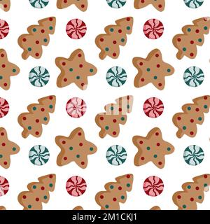 Pattern Christmas with gingerbread in the form of a Christmas tree and a star with sprinkles, red and green lollipops on a white background. Stock Vector