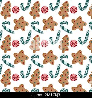 Pattern Christmas with gingerbread in the form of a Christmas tree and a star with sprinkles, lollipops and candy cane on a white background. Stock Vector