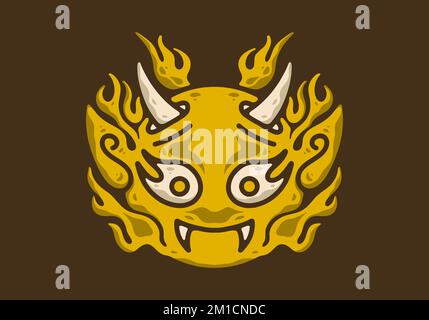 The illustration drawing of devil face with horns and flames Stock Vector