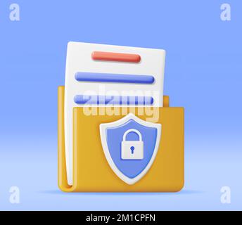 3D Document Folder with Padlock in Shield Stock Vector
