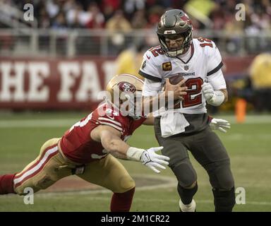 Santa Clara, United States. 04th Dec, 2022. San Francisco 49ers' Nick Bosa  (97) celebrates his sack against Miami Dolphins starting quarterback Tua  Tagovailoa (1) in the second quarter at Levi's Stadium in