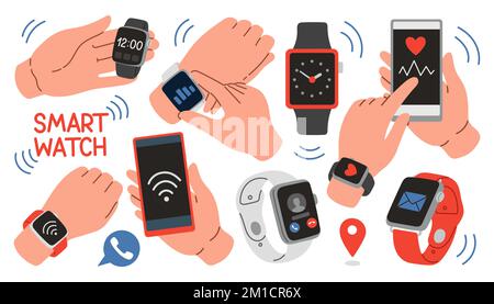 Smart watches vector set. Smart watch collection isolated on white background. Smart watch on hand Stock Vector