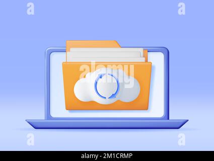 3D Folder in Clouds with File Sync Icon on Laptop Stock Vector