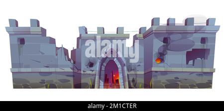 Destroyed medieval castle wall with broken gate, steaming holes and loopholes, cracked stones. Isolated ruined dungeon, temple or palace exterior, building facade. Cartoon 2d game vector graphics Stock Vector