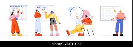 Time management, planning, tasks schedule business concept with people making notes and plan affairs in calendar or todo list. Efficient and effective Stock Vector