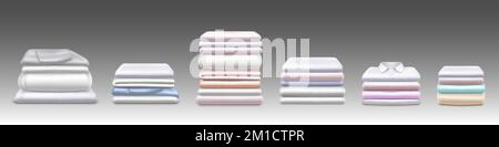 Clean washed clothes, realistic apparel piles, laundry clothing stacks. Isolated fresh ironed garment heaps, shirts, linen, towels or sweaters textile Stock Vector