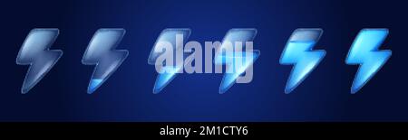 Lightnings game fill progress score or level animation frame from empty to full. Blue flash bolts Ui or gui status icons of health, energy and resourc Stock Vector