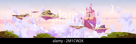 Pink magic castle on floating island in night sky with fluffy clouds ...