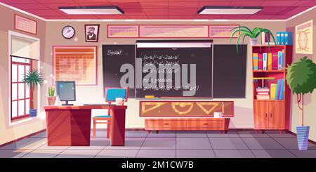 Mathematics classroom interior, empty school class with teacher table, computer, blackboard with algebraic equations, cupboard with textbooks, posters Stock Vector