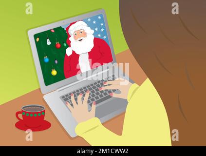 Woman communicate with Santa Claus on laptop. Online discussion about wishes. Vector illustration. Stock Vector