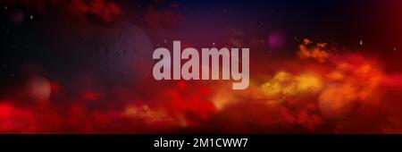 Realistic space background with planets, stars and nebula clouds in vibrant red and orange colored sky. Fantasy heaven, deep cosmos panoramic landscap Stock Vector