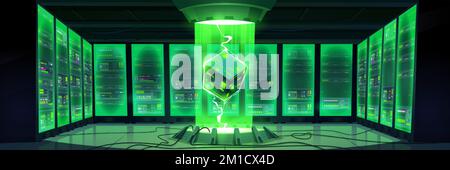 Futuristic data center interior or server room with hardware and hologram of cube processor green light beam. Bigdata, cloud information base, artific Stock Vector