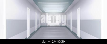 White empty corridor, 3d hospital or clinic hall with doors by sides and large doorway in the end. Modern ward, medical facility, Realistic vector lig Stock Vector