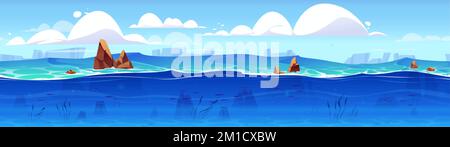 Ocean or sea underwater background cross section view and cloudy sky. Sandy bottom, rocks, weeds and fishes swimming under water surface, marine scene Stock Vector