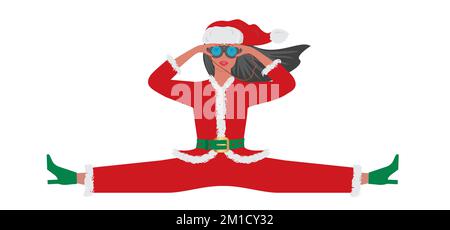 Cool Santa woman looking through binoculars, sitting in split position.  Isolated on white. Vector illustration. Stock Vector