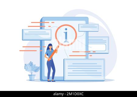 User looking for information in tablet with magnifier. Electronic goods technical assistance guide, manual for computer hardware and software concept, Stock Vector