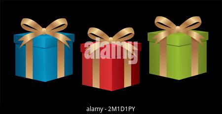 Three gift boxes in blue, red and green. Isolated. Vector illustration. Stock Vector