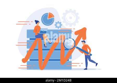 Developer with magnifying glass working with big data and zigzag arrow. Digital analytics tools, data storage and software engineering concept, violet Stock Vector