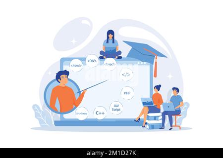 Script writing, software engineering. Coding workshop, code created workshop, online programming course, apps and games development class concept. fla Stock Vector
