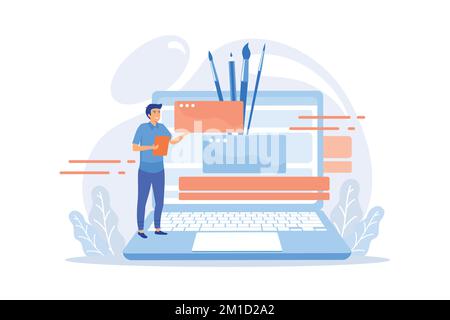 Graphic design video tutorial. Traditional art Internet course. Painter online masterclass. Web designer distance classes. Painting, e learning, educa Stock Vector
