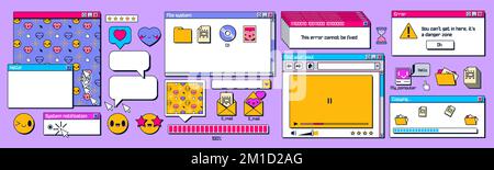Retro computer screen interface with windows, icons, message frames. Old desktop pc screen elements, retrowave digital style, vector cartoon set isolated on background Stock Vector