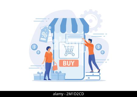 A couple near huge smartphone with buy icon on the screen make online purchases. Smart retail, retail mobility solutions, IoT and smart city concept, Stock Vector
